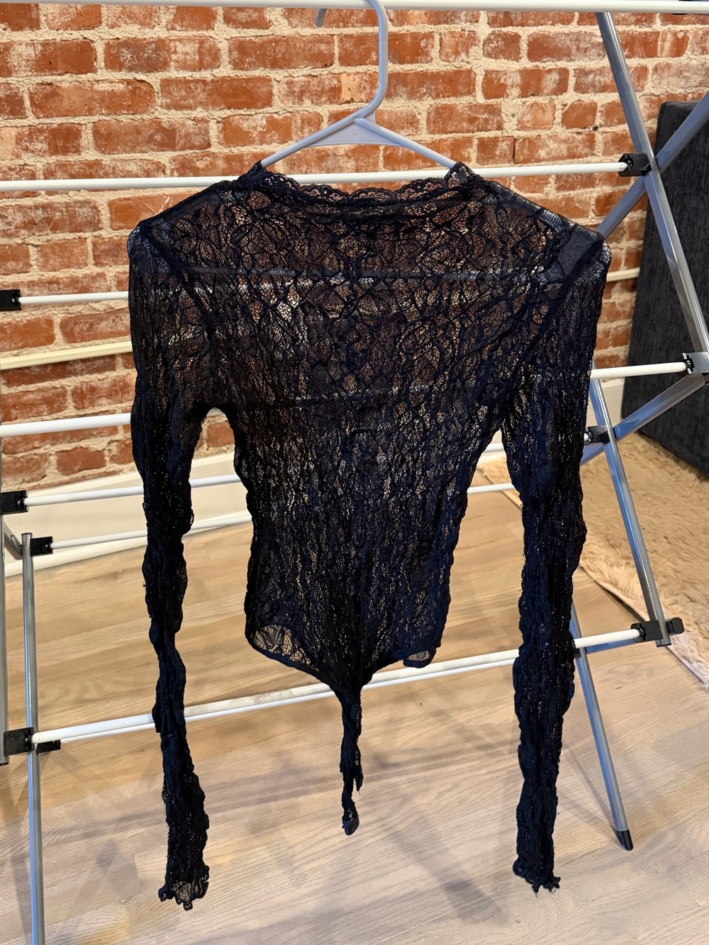 Zara Black Sheer Lace Long-Sleeve Bodysuit